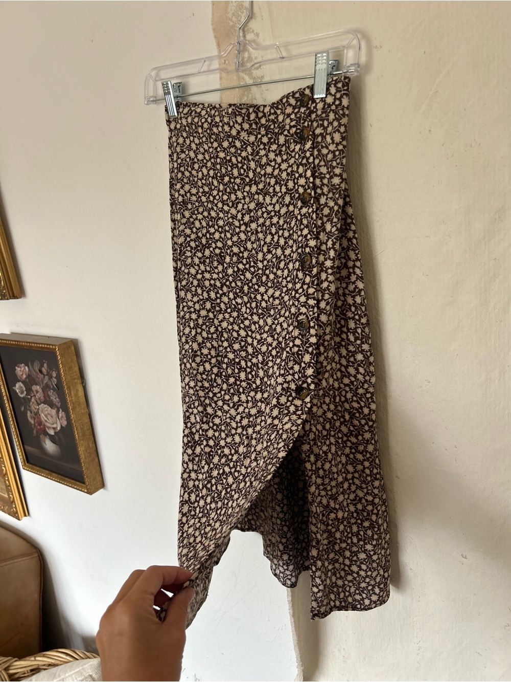 Viscose Brown Floral Wrap Midi Skirt xs 0 00 24 vintage- style